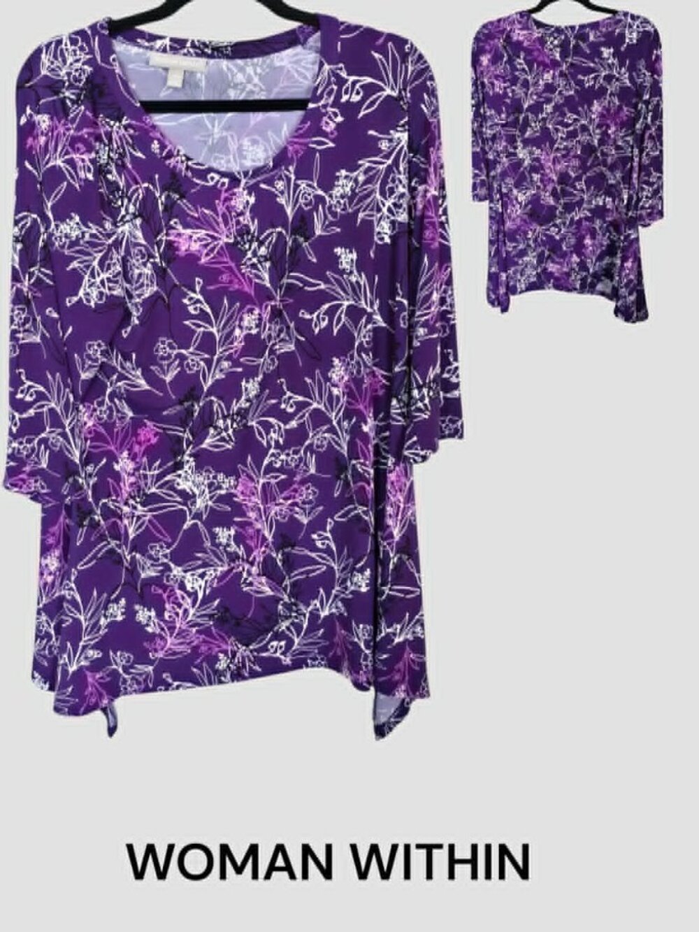 Woman Within Tunic Purple Floral Pattern Asymmetric Sides Top Womens Plus 14/16